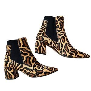 Linea Paolo 9.5 Leopard Calf Hair Ankle Boots | Pointed Toe, Chelsea, MSRP $170